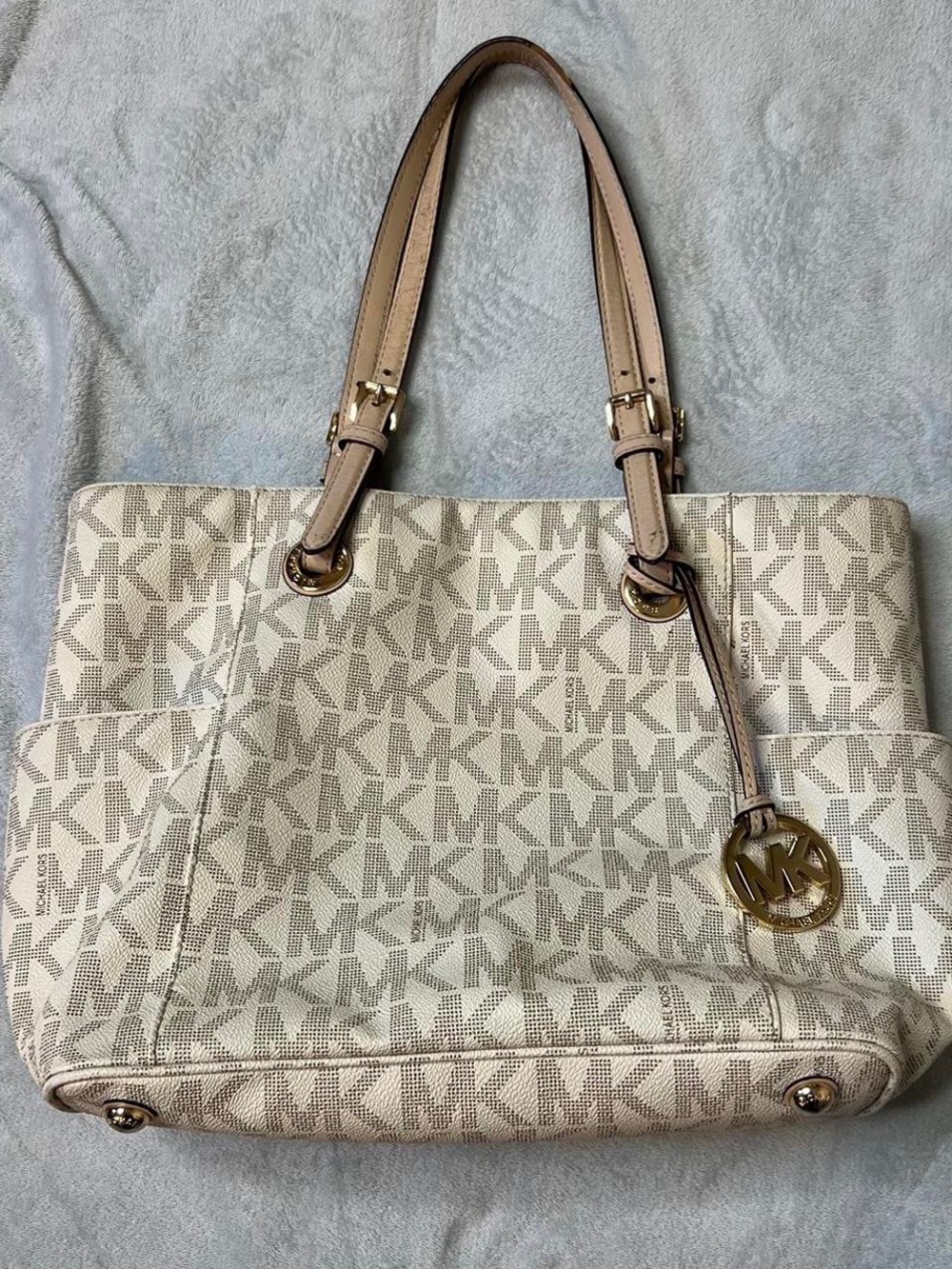 Michael Kors Cream and Tan MK Logo Tote with Gold Charm